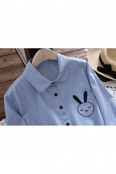 Funny Bunny Embroidered Long Sleeve Lapel Collar Button Drawstring Waist Mini Shirt Dress