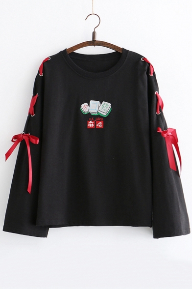 Lace Up Long Sleeve Round Neck Pattern New Arrival Leisure Pullover T-Shirt