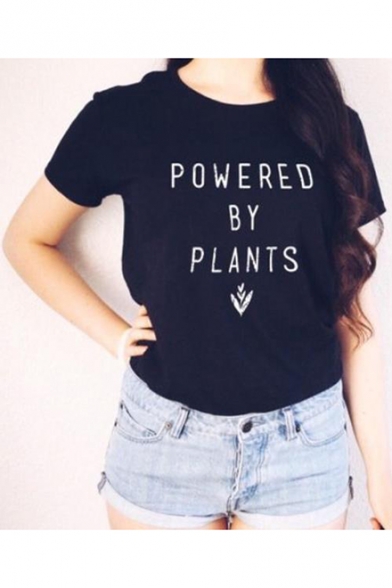 Letter POWERED BY PLANTS Printed Short Sleeve Round Neck Black T-Shirt
