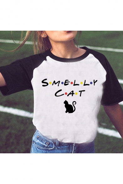 Letter SMELLY CAT Note Pattern Fashion Color Block Short Sleeve Crewneck Casual White T-Shirt