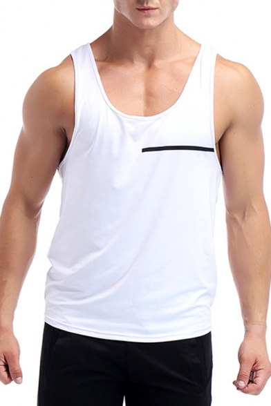 Men's Simple White Fashion Tape Patched Quick-Drying Running Athletic Tank Top