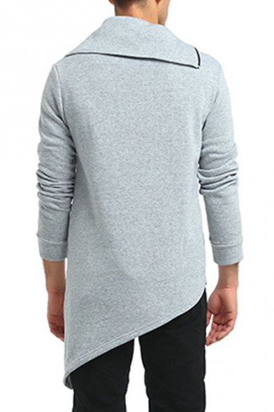 Men's Unique Sloping Zip Up Stand Collar Long Sleeve Plain Asymmetrical Hem Longline Slim Fit Sweatshirt