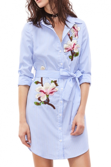 New Arrival Long Sleeve Lapel Collar Button Down Floral Printed Tunics Blue Shirt