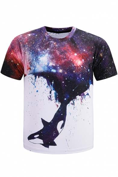 New Trendy 3D Purple Galaxy Printed Basic Crewneck Short Sleeve T-Shirt