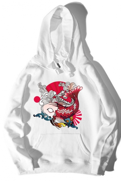 Popular Japanese Style Ukiyo-e Fish Printed Long Sleeve Loose Casual Pullover Hoodie for Juniors