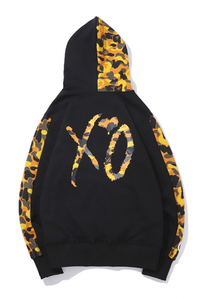 Popular Letter XO Printed Camouflage Patched Long Sleeve Black Zip Up Shark Hoodie