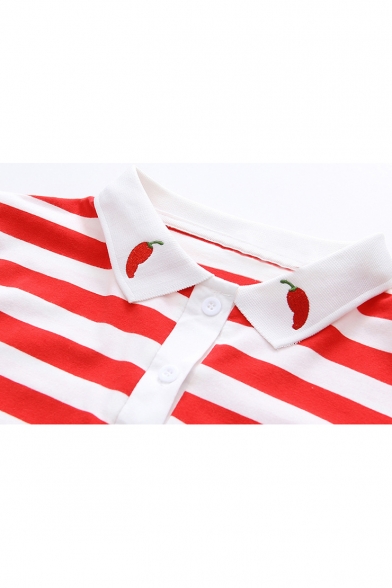 Red Pepper Embroidered Short Sleeve Classic Striped Polo Shirt for Juniors