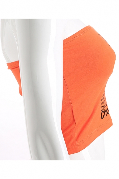 Simple Sleeveless All Over Letter Printed Orange Bandeau Top