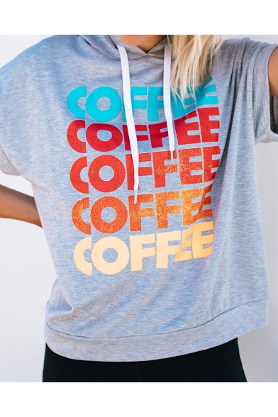 Stylish Letter COFFEE Printed Drawstring Hooded Gray Loose Casual T-Shirt