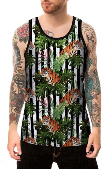 Summer 3D Tiger Leaf Printed Men's Casual Beach Green Tank Top
