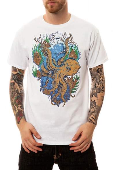 Summer Creative Cartoon Octopus Print Men's Short Sleeve White T-Shirt