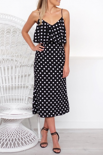 

Trendy Black Polka Dot Printed Spaghetti Straps Midi Slip Dress for Women