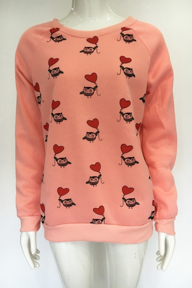 Trendy Cartoon Animal Heart Balloon Printed Long Sleeve Round Neck Pullover Fitted Sweatshirt