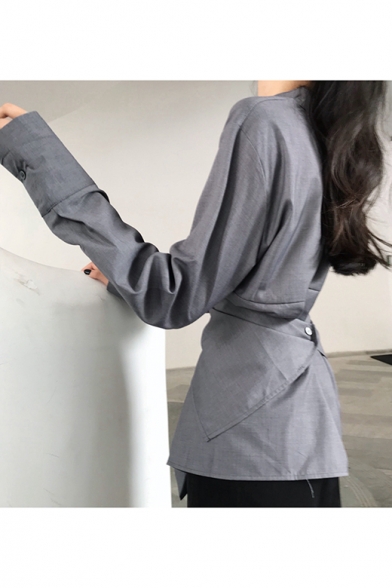 Unique Chic Simple Plain Stand Collar Long Sleeve Deconstructed Button Shirt