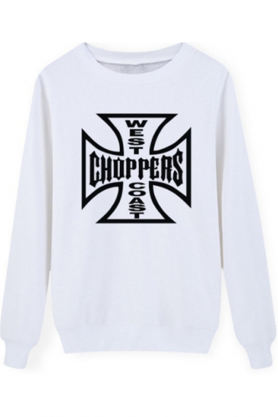 White Round Neck Long Sleeve Fashion Cross Letter CHOPPERS WEST COAST Print Pullover Fitted Sweatshirt
