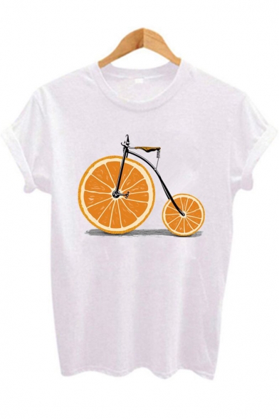 Awesome Creative Orange Bike Printed White Short Sleeve Tee