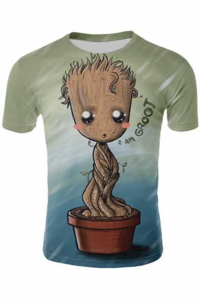 Basic Short Sleeve Funny 3D Cartoon Pot Plant Print Green T-Shirt