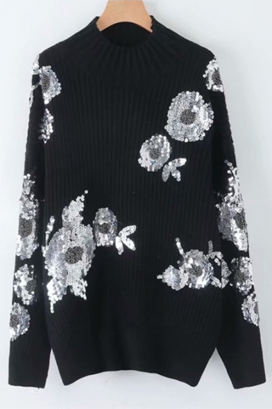Black Mock Neck Long Sleeve Sequined Floral Embellished Knit Sweater