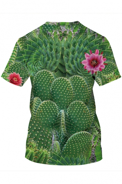 Cool 3D Cactus Floral Letter FREE HUGS Printed Basic Casual Loose Green T-Shirt