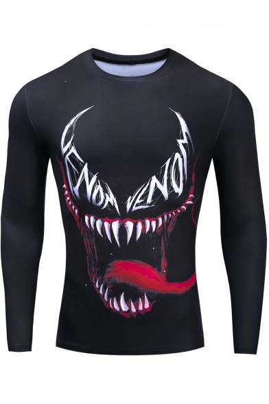 Cool 3D Pattern Long Sleeve Men's Gym Athletic Tight Black T-Shirt