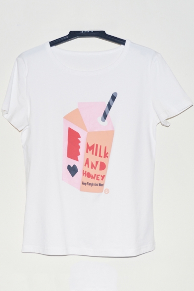 Cotton Short Sleeve Round Neck Letter MILK AND HONEY Heart Printed White Stylish Fitted Tee