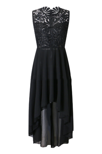 Crew Neck Sleeveless Lace-Inserted Simple Plain Midi Asymmetrical Chiffon Dress