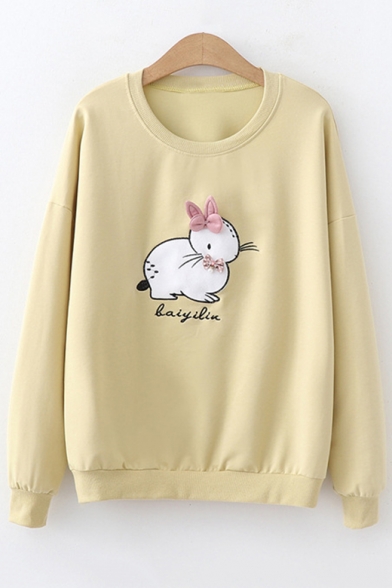Crewneck Long Sleeve Round Neck Cute Cartoon Bunny Letter Printed Bow Patch Leisure Pullover Sweatshirt