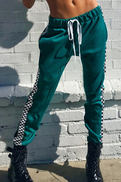Elastic Drawstring Waist Plaid Print Webbing Side Green Sports Jogger Pants