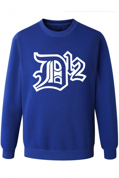 Fashion Unique Letter DK Print Crew Neck Long Sleeve Regular Fitted Pullover Sweatshirt