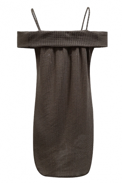 Fashionable Spaghetti Straps Short Sleeve Plain Khaki Knit Mini Dress