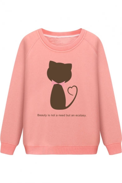 Funny Letter BEAUTY IS NOT A NEED BUT AN ECSTASY Cartoon Cat Print Long Sleeve Fitted Sweatshirt