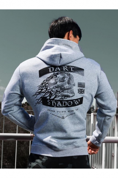 Men's Cool Outdoor Bodybuilding Sports Skull Printed Fitted Pullover Cotton Hoodie