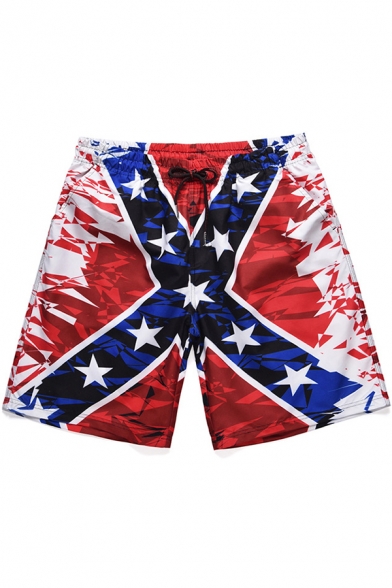 Men's Creative Red Star Striped Printed Drawstring Waist Summer Beach Swim Shorts