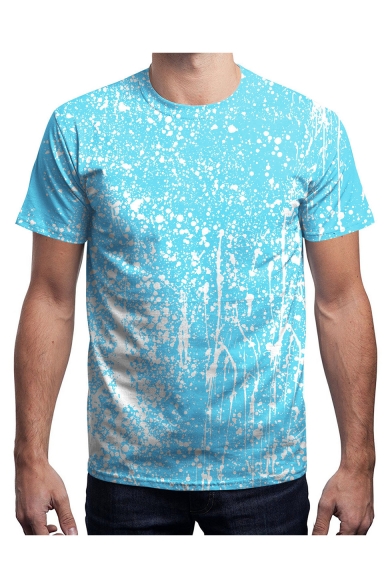 Men's Summer Cool Ink Pattern Crewneck Short Sleeve Loose Blue T-Shirt
