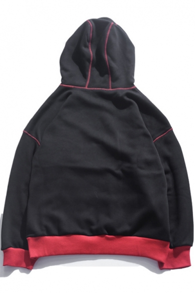 Men's Unique Contrast Piping Warm Thick Long Sleeve Regular Fitted Black Drawstring Hoodie