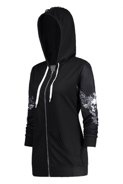 New Trendy Black Skull Wing Print Back Long Sleeve Zip Up Long Fitted Lace-Up Hoodie for Women
