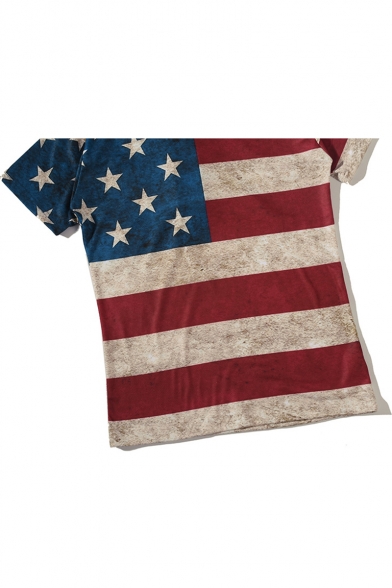 Popular America Flag Printed Round Neck Short Sleeve Fitted Red T-Shirt