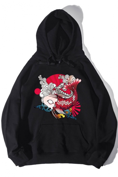 Popular Japanese Style Ukiyo-e Fish Printed Long Sleeve Loose Casual Pullover Hoodie for Juniors