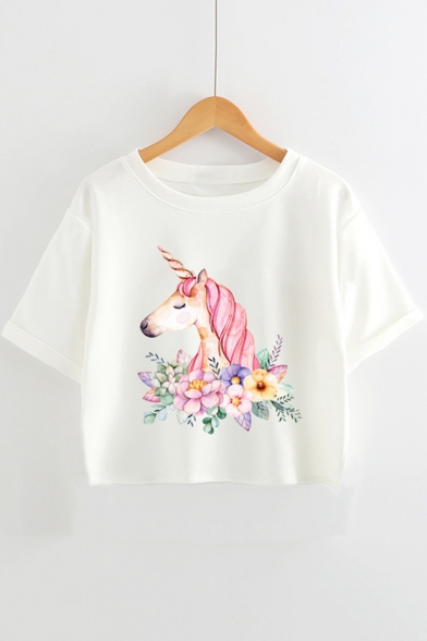 Round Neck Short Sleeve Fashion Floral Unicorn Printed Loose Fit Cropped White T-Shirt