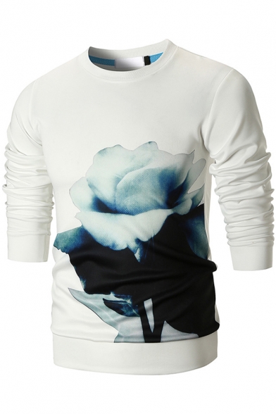 Stylish 3D Floral Printed Round Neck Long Sleeve Fitted Cotton Pullover Sweatshirt