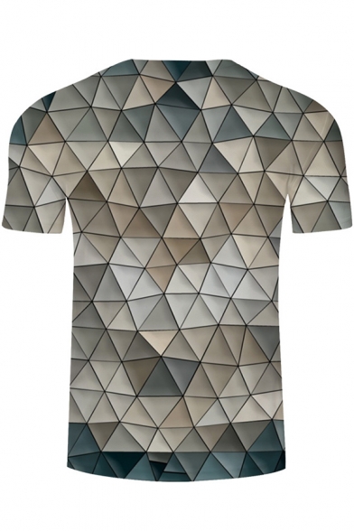 Stylish 3D Geometric Pattern Crewneck Short Sleeve Loose Fit Grey T-Shirt