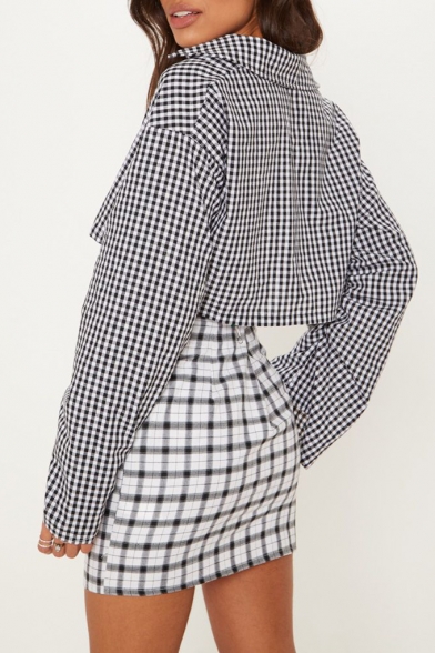 Trendy Classic Plaid Print Big Extra Long Sleeve Lapel Collar Button Front Cropped Shirt