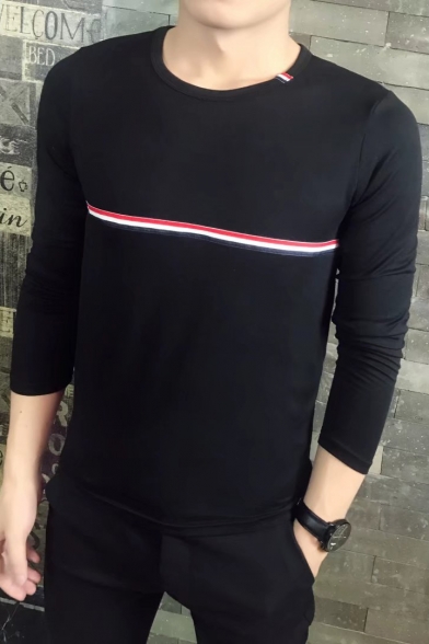 Trendy Striped Webbing Front Men's Basic Round Neck Long Sleeve Slim T-Shirt