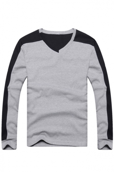 LinkShow Mens V-Neck Patched Long-Sleeve Pullover Plus Size Pure Colour Tees 