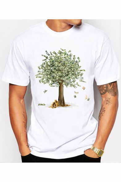 Unique Greenback Tree Pattern White Round Neck Short Sleeve Casual T-Shirt