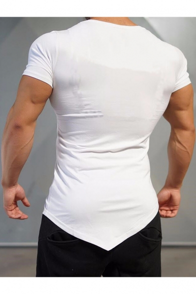 V-Neck Short Sleeve Asymmetrical Hem Simple Plain Men Slim Fit Cotton Vented T-Shirt