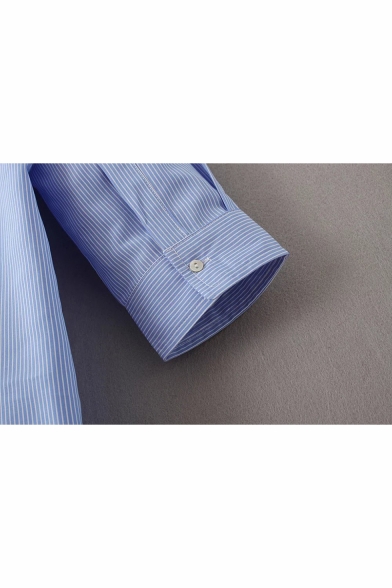 Blue Lapel Collar Long Sleeve Floral Bird Embroidered Striped High Low Asymmetric Shirt