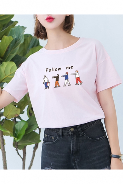 Chic Short Sleeve Round Neck Letter FOLLOW ME Cartoon Figure Printed Cotton Top for Girls