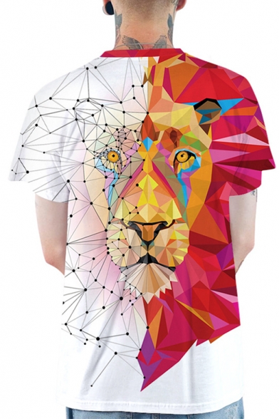 Cool 3D Line Geometric Tiger Print Short Sleeve Round Neck Red and White T-Shirt