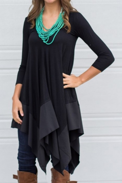 Cozy Long Sleeve V Neck Plain Asymmetric Midi Dress